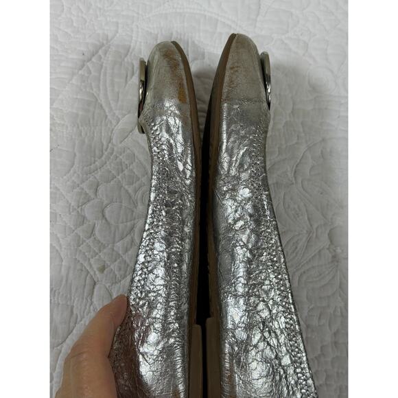 Tory Burch Women’s 7 Silver Leather Slip On Ballet Flats Logo Designer Shoes - Picture 4 of 13
